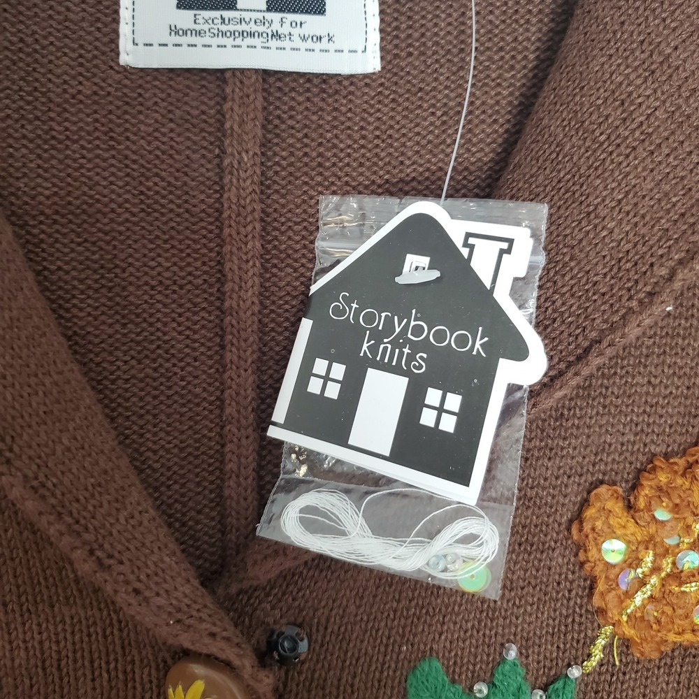 Vtg Storybook Knits Sweater S Long Brown Cardigan HSN Fall Leaves Autumn NWT - Picture 3 of 9